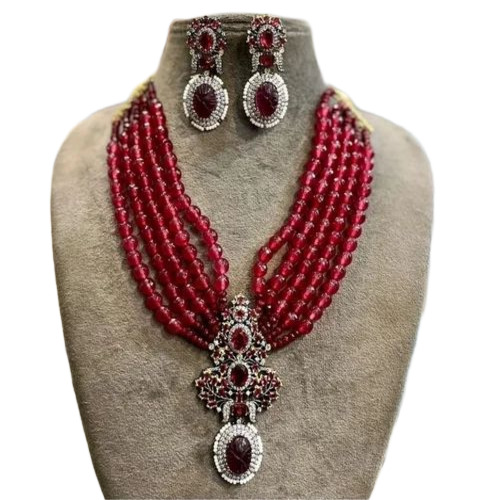 Fancy Necklace Set - Brass, Red | Classic Round Ruby Partywear Necklace for Women