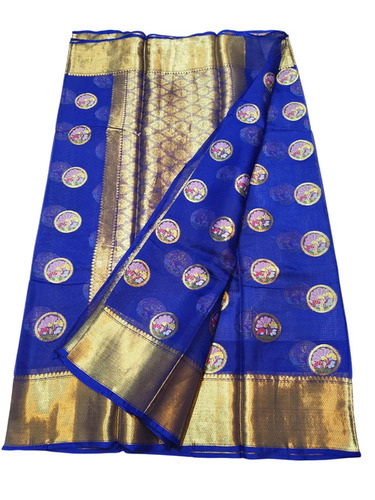 Kota Silk Saree - Silk, Blue & Golden, Zari Border, With Blouse Piece | Banarasi Style, Buti Pattern, Party Wear, Winter