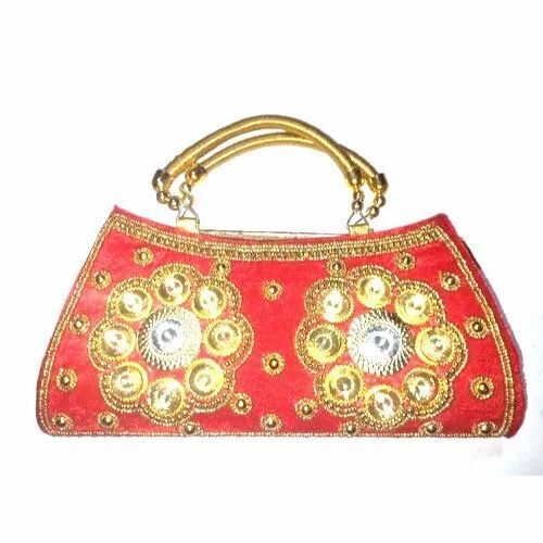 Ladies Designer Wedding Purse - Rexine 8x4 Inch, Red Glossy | Zipper Closure, Handle, Embroidered Pattern