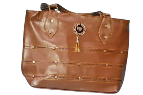 Ladies Office Bag - Rexine 11x14 Inch, Brown, Matte Finish, Zipper Closure, Water Resistant Handle Bag