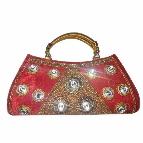 Ladies Stone Work Designer Wedding Purse - Rexine, 8x4 Inch, Red and Golden, Zipper Closure, Handle Bag