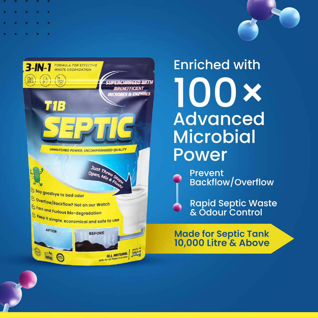 T1B Septic Tank Cleaner - 100x Powerful Microbes, Rapid waste degradation and odour remover