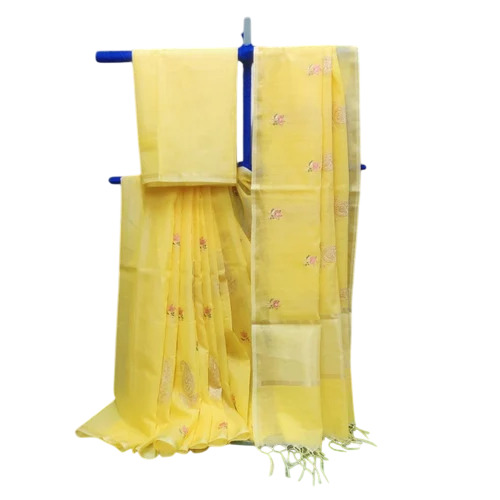 Banarsi Yellow Printed Saree - Silk Kota, 6.3 Meter, Piping Border | Hand Painted, Festive, Winter Wear