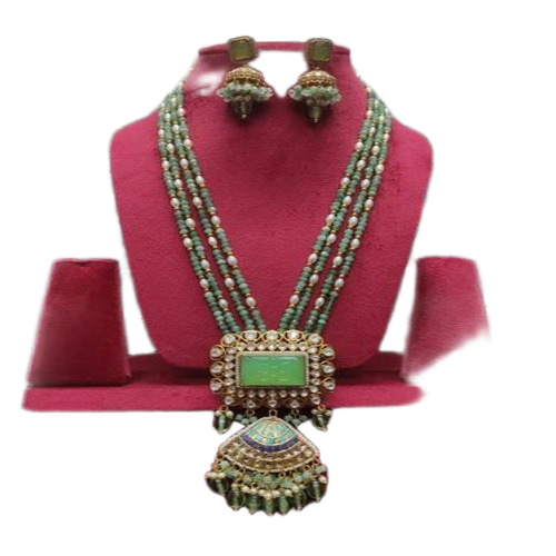 Fusion Designer Necklace Set - Brass, Green, Round Shape | Ruby Stone, Classic Traditional Style
