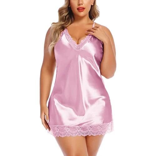 Ladies Pink Silk Lingerie Night Dress - Soft Silk, Free Size, Pink, Sleeveless | Lace Pattern, Easy to Wash, Summer Wear