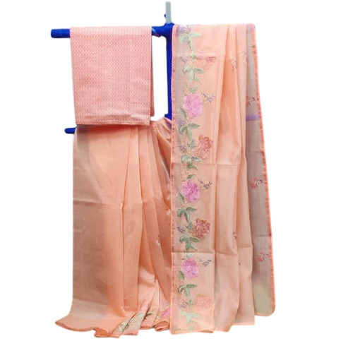 Supernet Computer Embroidery Saree - Color: Peach