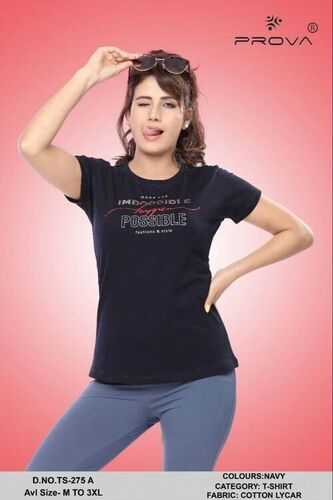 Women Cotton Lycra Navy Blue T Shirt