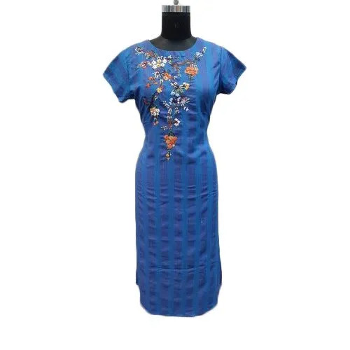 Ladies Blue Embroidered Cotton Kurti - Cotton, L to XXL Sizes, Blue | Modern Style, Half Sleeves, Party Wear, Dry Clean