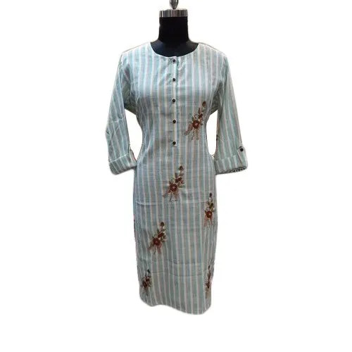 Ladies Full Sleeves Embroidered Cotton Kurti - Cotton, L to XXL, Light Green | Dry Cleaning, Long Sleeve, Modern Party Wear