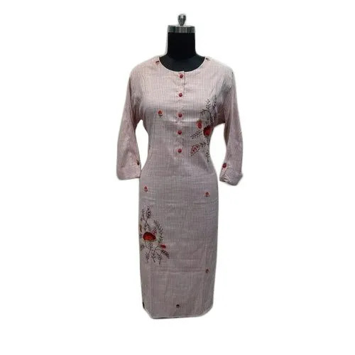 Ladies Light Pink Embroidered Cotton Kurti