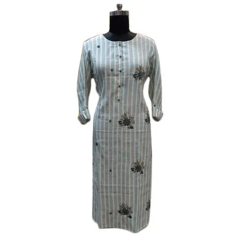 Ladies Party Wear Embroidered Cotton Kurti - Cotton, L-XXL, Light Green | Dry Cleaning, Long Sleeve, Modern Style
