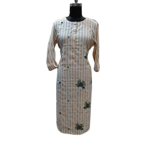 Ladies Striped Embroidered Designer Kurtis - Cotton, L to XL, White | Long Sleeve, Dry Clean, Party Wear
