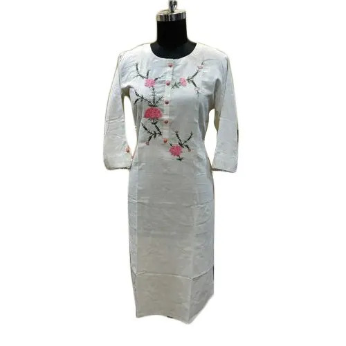 Ladies White Embroidered Cotton Kurti