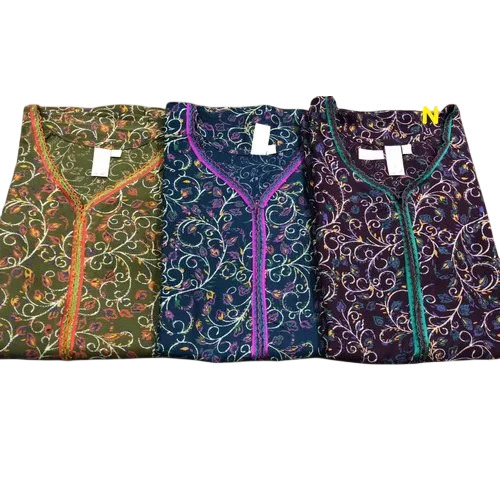 Embroidered Neck Fashionable Alphine Nighty - Cotton, Full Length, Multicolor | Machine Wash, Short Sleeves, Printed Pattern