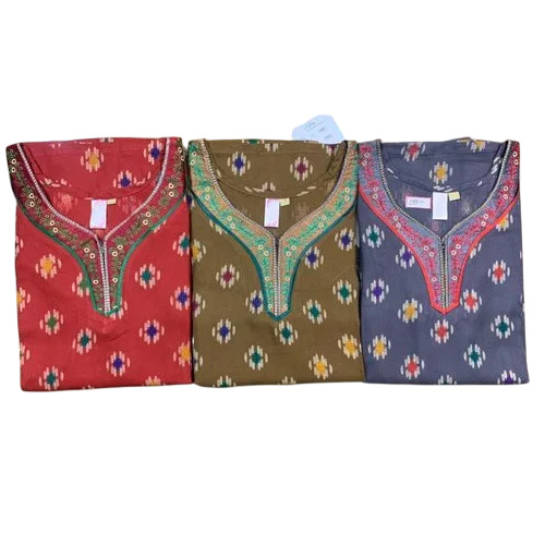 Fashionable Alphine Nightwear - Cotton Full Length Multicolor | Embroidered Fancy Neck Short Sleeves Printed Nightgown