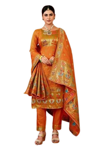 Ladies Banarasi Silk Suit Set - Silk, Orange, 3/4th Sleeves | Breathable, Anti Wrinkle, Quick Dry, Comfortable Fit