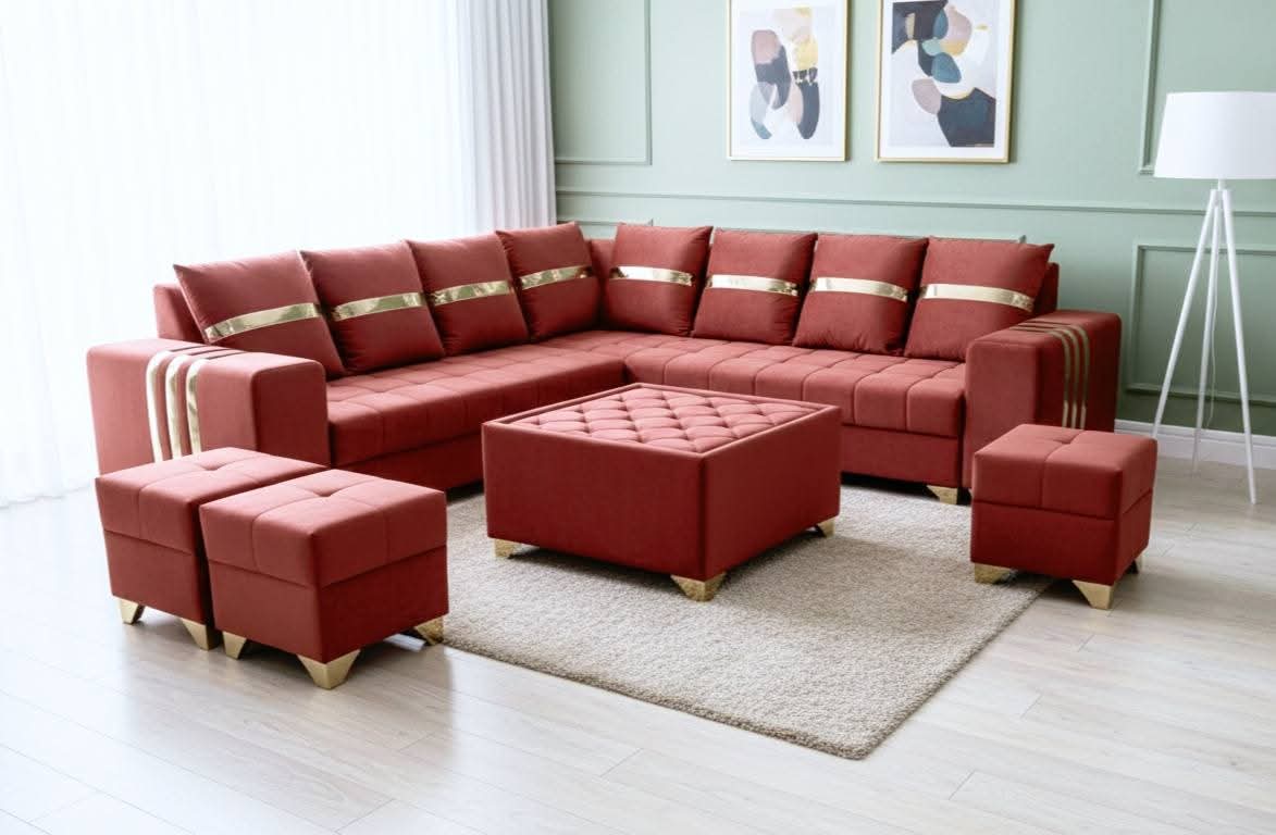 Red Color L Shape Sofa Set