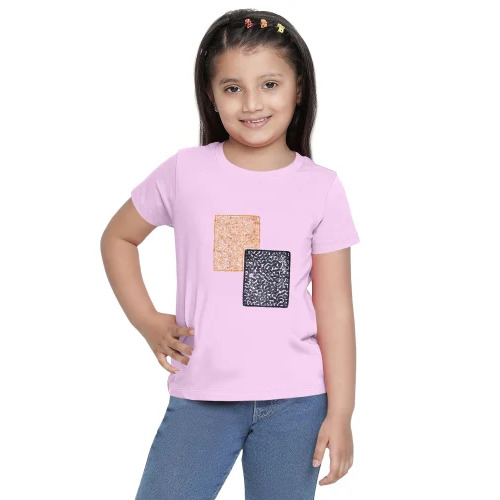 Girls Half Sleeves Pink Sequence 100% Cotton T-Shirt