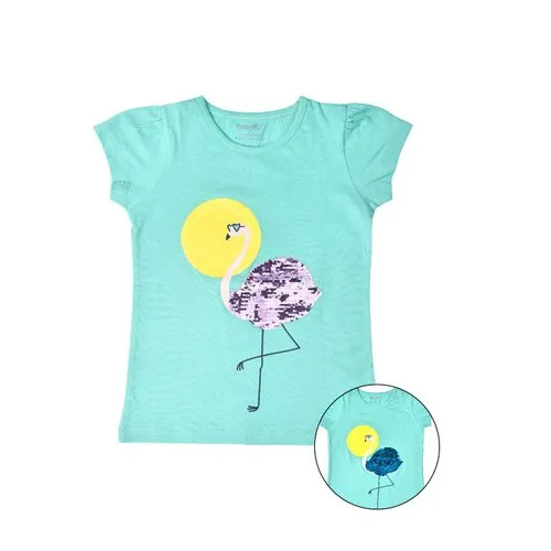 Girls Mint Green Half Sleeves Sequence Cotton T-Shirt - Optimum Grade Regular Fit Machine Wash | O-Neck Printed Age 5-10