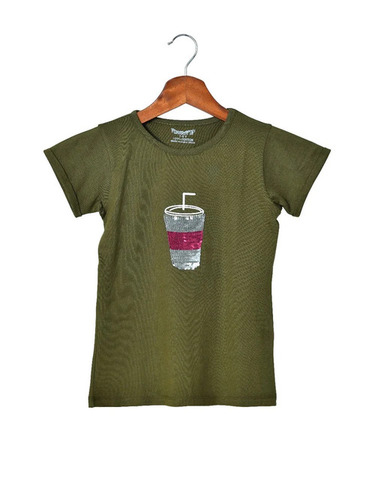 Girls Olive Green Half Sleeves Sequence 100% Cotton T-Shirt