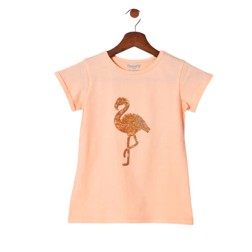 Girls Peach Half Sleeves Sequence 100% Cotton T-Shirt - Pattern: Printed