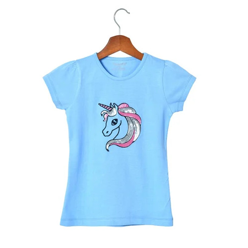 Girls Sky Blue Half Sleeves Sequence 100% Cotton T-Shirt