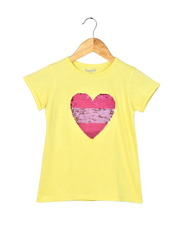 Girls Yellow Half Sleeves Sequence Cotton T-Shirt - Optimum Grade Machine Wash | O-Neck Regular Fit Printed Age 7-12