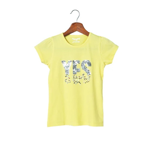 Girls Yellow Half Sleeves Sequence Cotton T-Shirt