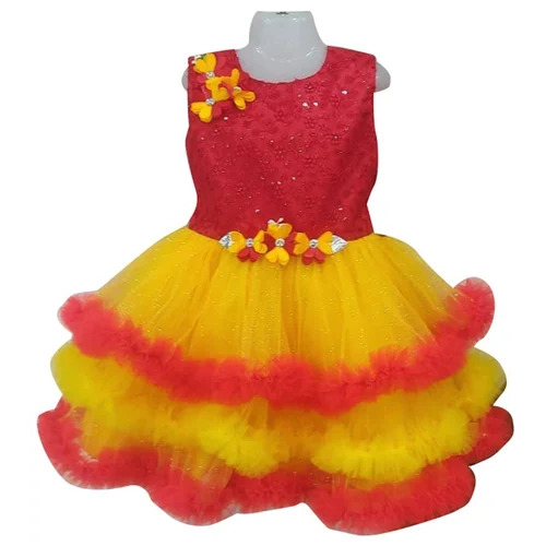 Kids Party Wear Frock - Cotton, Size S, Red and Yellow, Sleeveless, Embroidered, Breathable, Washable