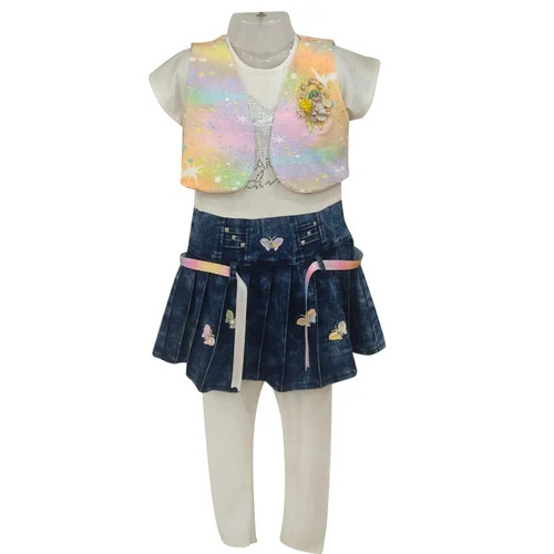 Kids Party Wear Skirt Top Set - Cotton Lycra Denim Synthetic Blend Multicolor | Breathable Washable Modern Summer Style