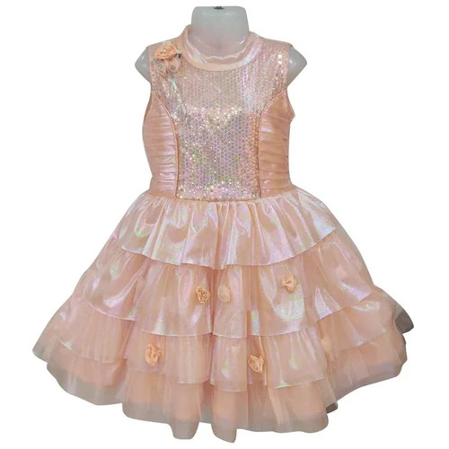 Kids Pastel Peach Party Wear Frock - Cotton, Size S, Round Neck | Embroidered, Sleeveless, Breathable, Machine Washable
