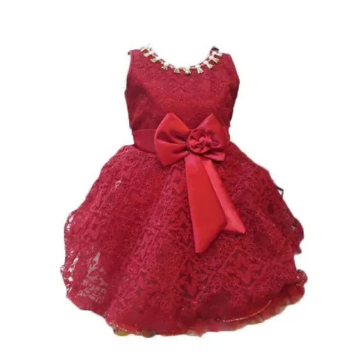 Kids Red Frock - Cotton, Size S, Embroidered Red | Breathable, Washable, Sleeveless Summer Frock
