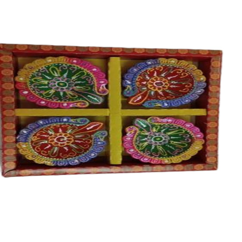4 Clay Printed Diya Set