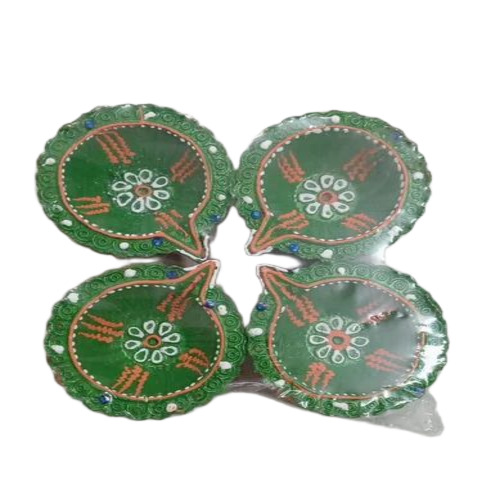 Clay Printed Green Diya Set