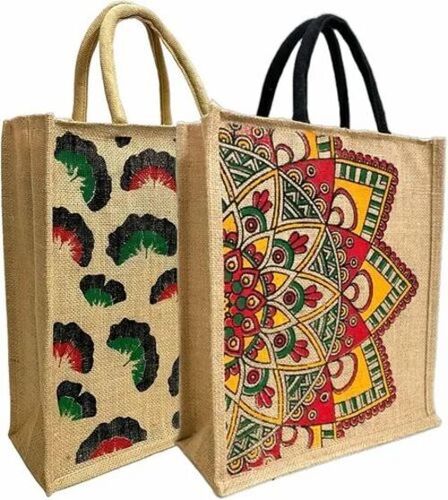 Jute Shopping Bag - 5 Kg Capacity 140 GSM Brown Rope Handle Embroidered Pattern | Durable Fine Finished Eco-Friendly