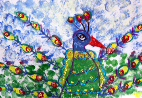 Multi Color Peacock Hand Painting - Shape: Square