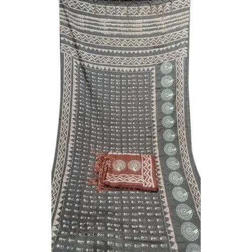 Batik Print Tussar Silk Embroidery Saree