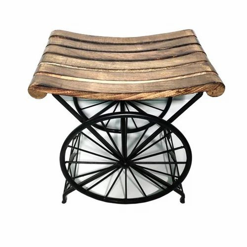 02 Wooden Iron Stool With Metal Base 