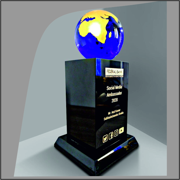 Global Excellence Blue Crystal Globe Award - Dimension (L*W*H): 10 X 10 X 25 Cm). Centimeter (Cm)