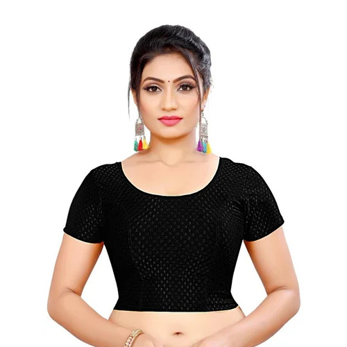 Radhika Readymade Black Lycra Blouse - Lycra, Black, Round Neck | Women's Modern Party Wear, Half Sleeves, Printed
