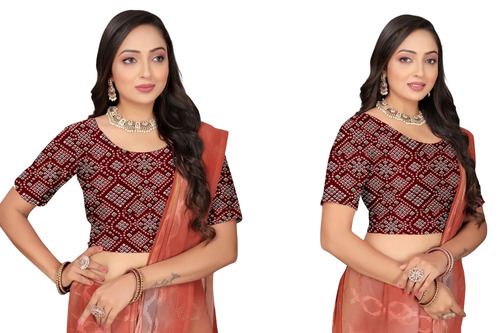 Radhika Readymade Lycra Blouse - Lycra Fabric, Maroon | Round Neck, Half Sleeves, Printed Ethnic Party Wear