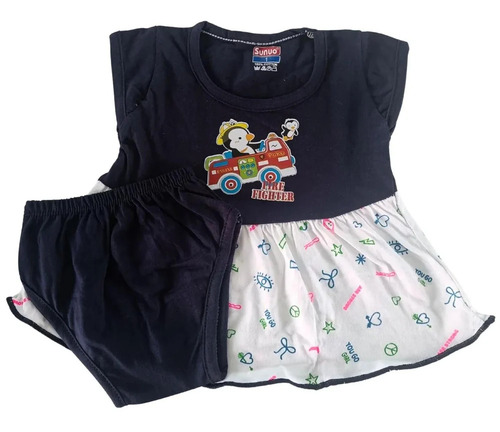 Black Cotton Baby Frock Set - Cotton, Black, 1 Year, Short Sleeves | Girls, Printed, Summer, Elastic Closure