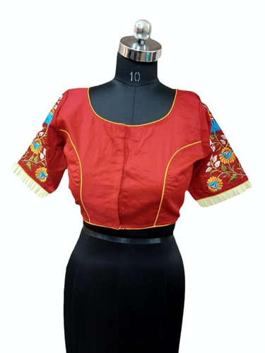 Ladies Cotton Red Embroidered Blouse - Optimum Grade, Stitched, Free Size, Half Sleeves | Party Wear, Machine Wash