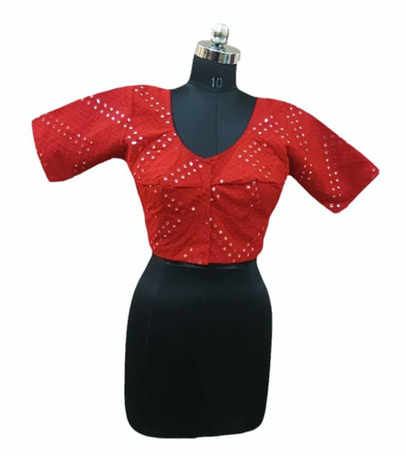 Ladies Red Mirror Work Cotton Blouse - Optimum Grade, Stitched, Comfortable | Party Wear, Embroidered, Half Sleeves, Machine Wash
