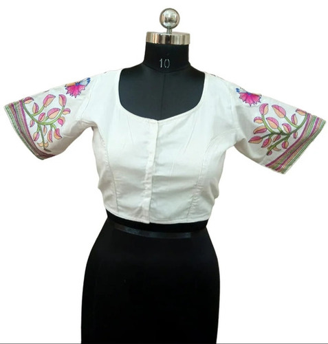Ladies White Cotton Blouse - Optimum Grade Stitched, Free Size, Embroidered Half Sleeves, Party Wear