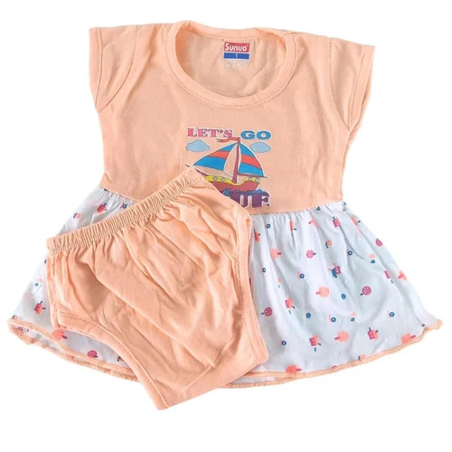 Peach Cotton Baby Frocks Set - Cotton, Peach, Elastic Closure | Girls 1 Year, Short Sleeves, Printed, Casual Summer