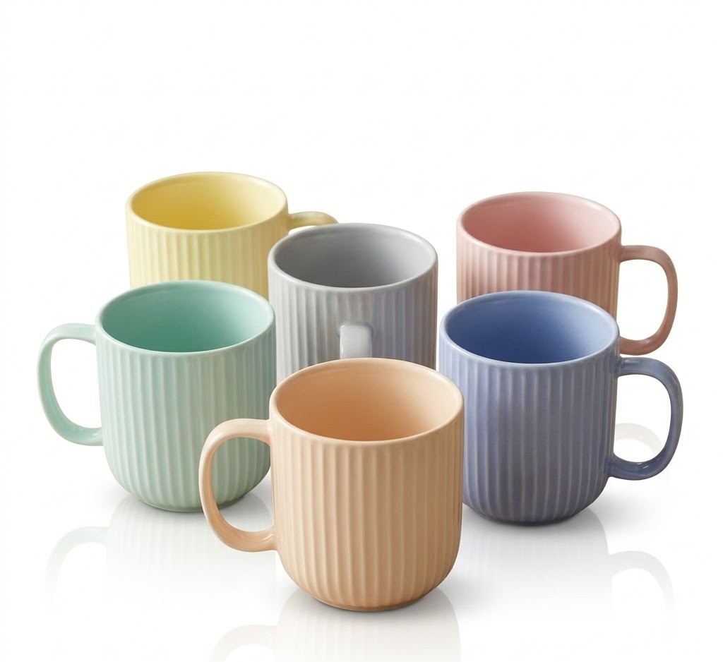 330Ml Ribbed Ceramic Pastel Mugs Set Of 6 Pieces - Ceramic Type: Stoneware