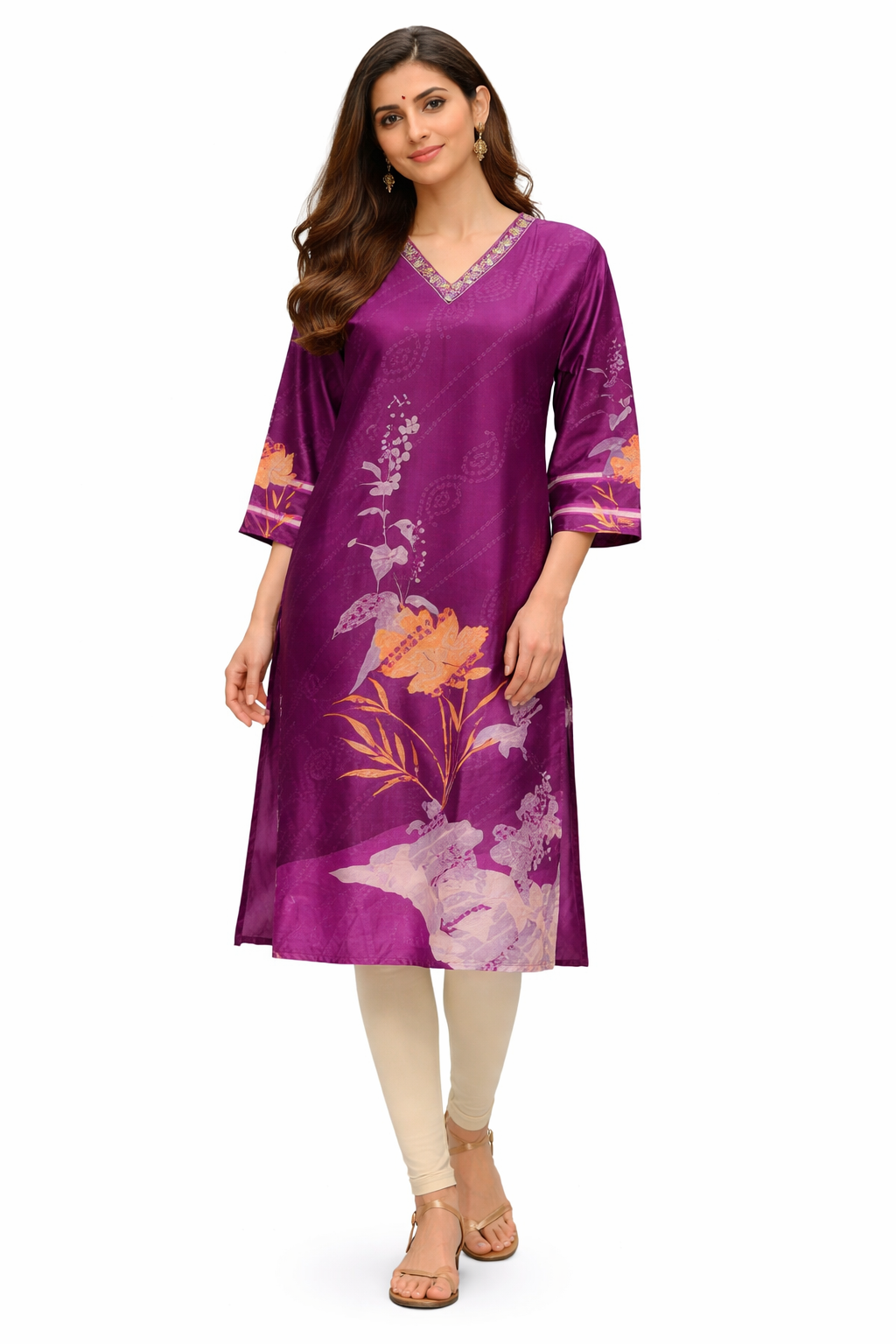 Women V Neck Printed Long Silk Kurti - Bust Size: 34 Inch (In)