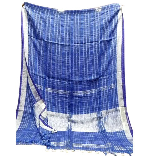 Blue Checks Linen Saree - Pure Linen, 6.3 Meter, Blue | Checked Pattern, Party Wear, Bengali Style