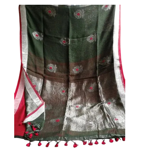Green Linen Benarasi Saree - Pure Linen, 6.3 Meter, Dark Green | Party Wear, Printed, Summer